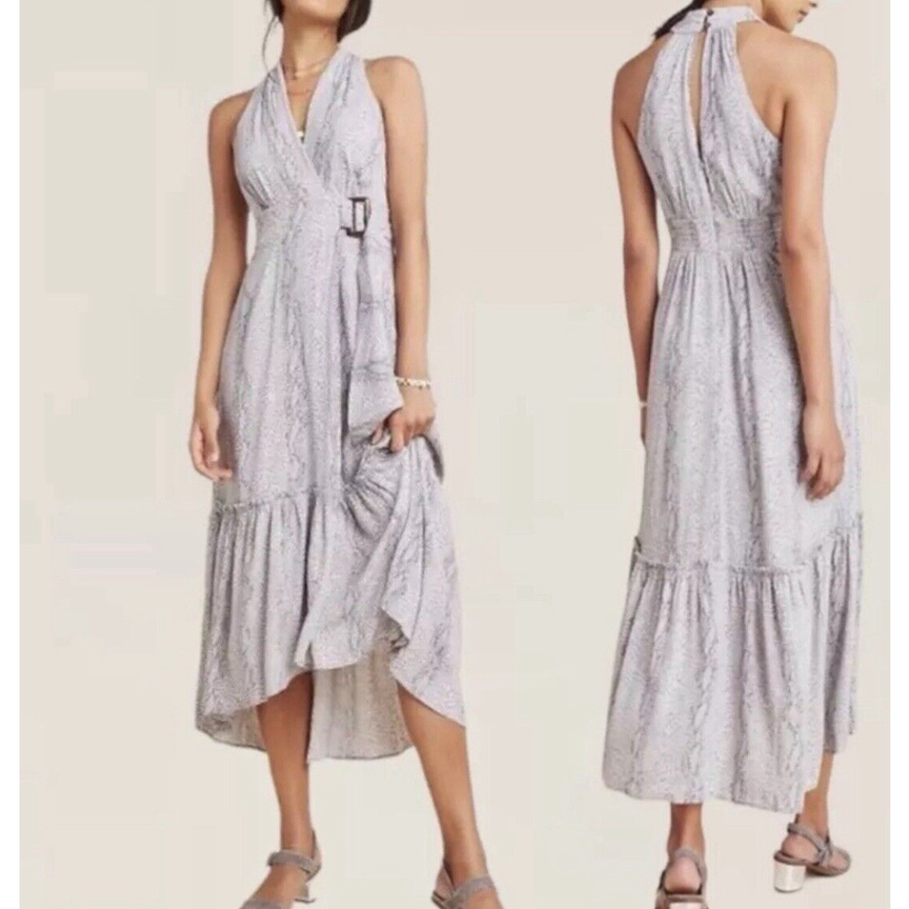 Anthropologie Marta Dress Snakeskin Gray Motif Tie Midi Boho stylish summer sz 2